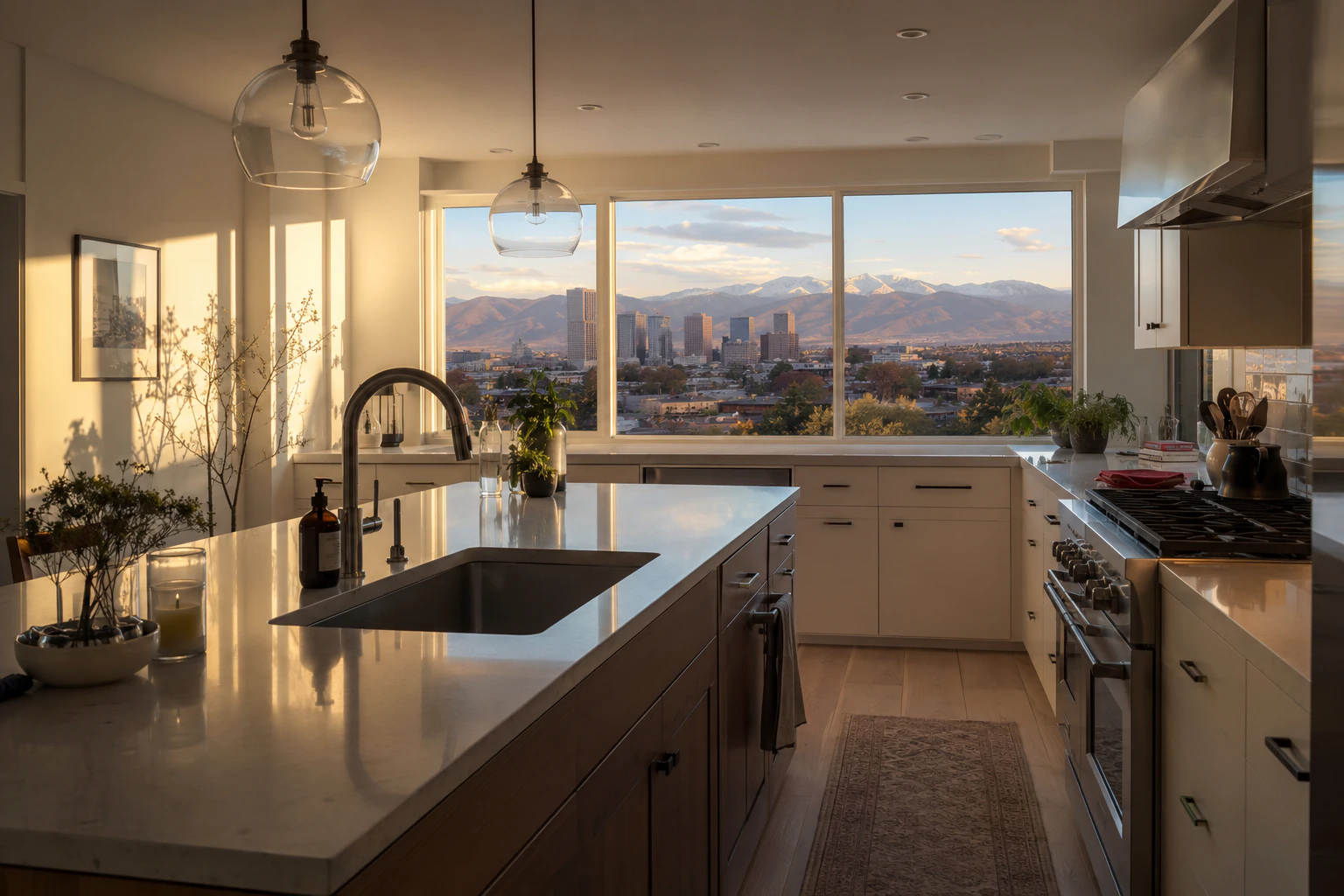 a kitchen with a Denver skyline view