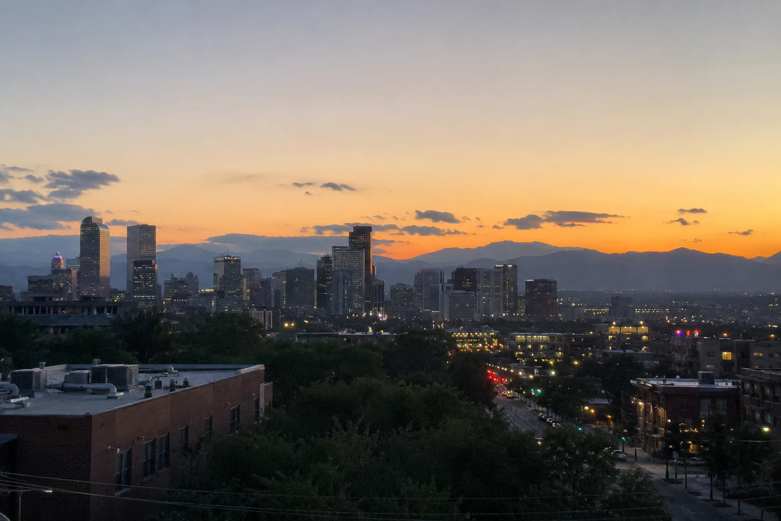 the Denver skyline in warm light