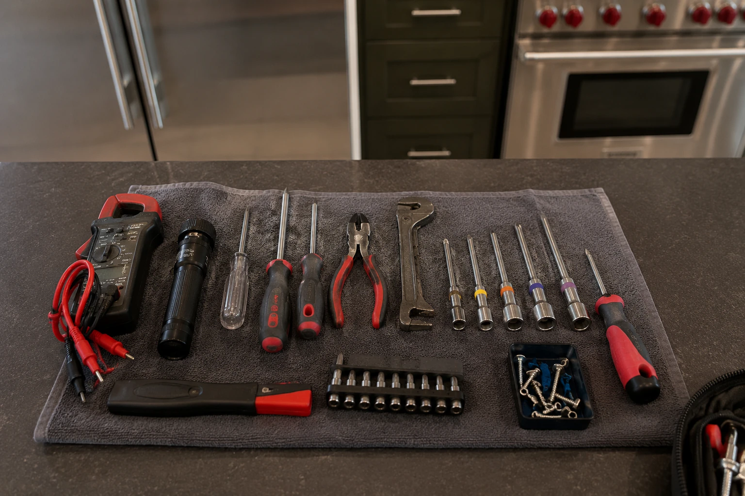 professional appliance-repair tools laid out for a freezer diagnostic