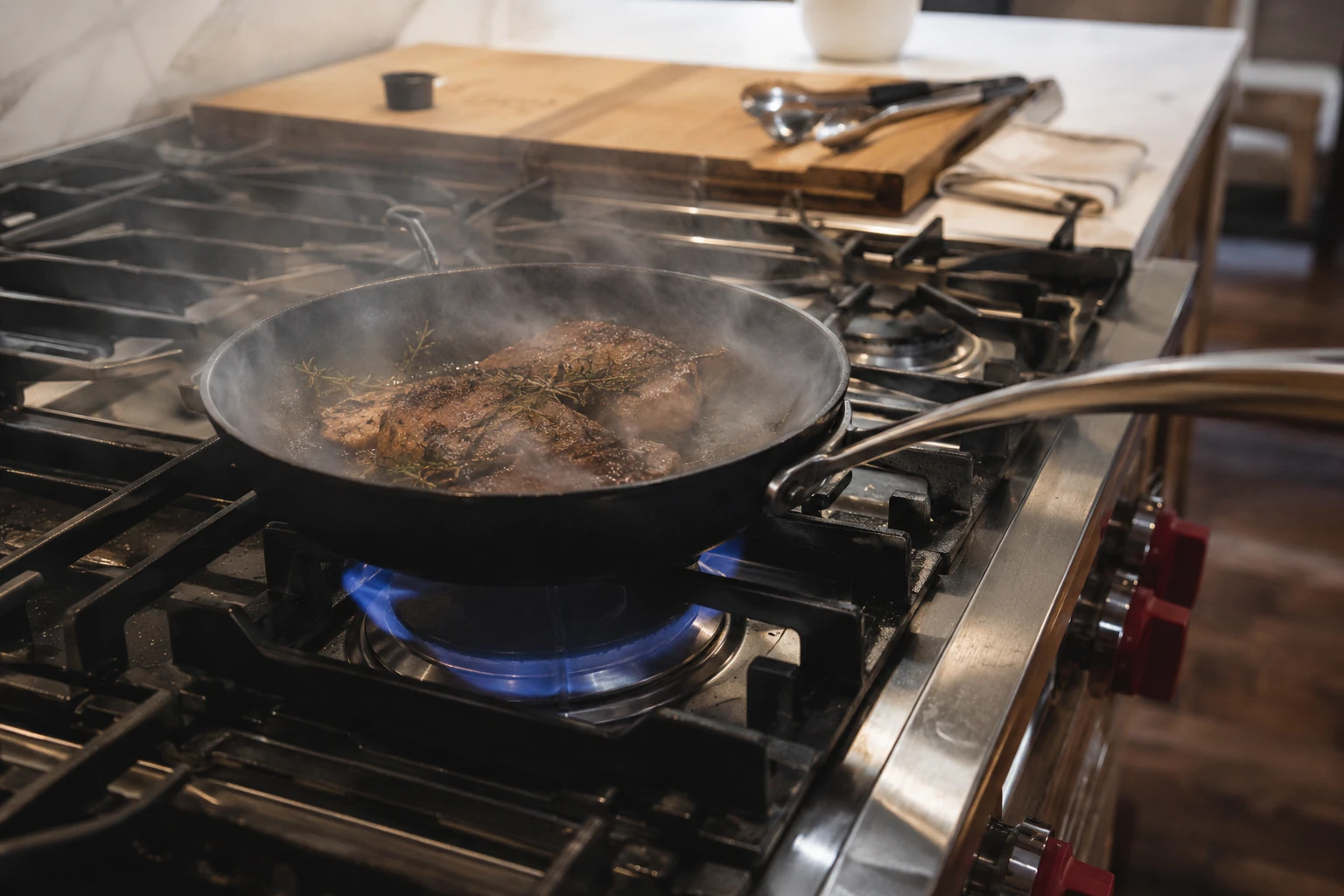 Close-up of Wolf cooktop sealed burners and grates