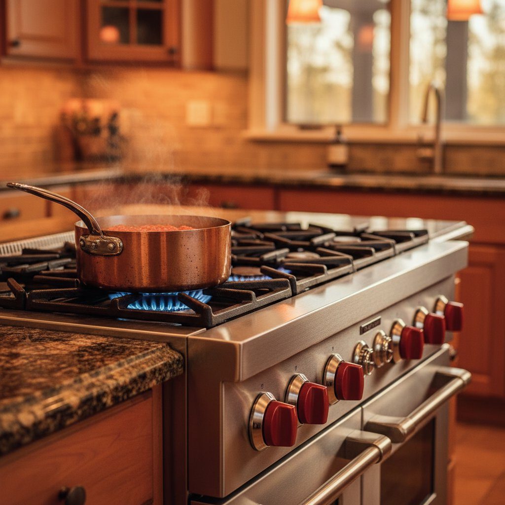 Wolf range with signature red knobs after service